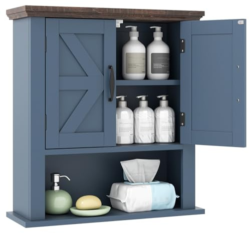 COSTWAY Badezimmerschrank hängend, Hängeschrank mit Verstellbaren Ablagen, Türen & offenem Aufbewahrungsfach, Wandschrank Küchenschrank für Wohnzimmer, Küche (Blau,Mit offenen Schicht)