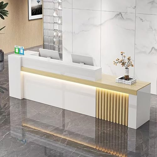 MEEYI Empfangstresen Theke Rezeption Tisch Empfangstheke mit abschließbarer Schublade und Schrank 220x60x100cm Rezeptionstheke Verkaufstresen Weiß-Ahornholz-Rechts