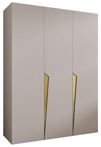 MEBLE KRYSPOL - Kleiderschrank - Garderobenschrank - 150 cm x 202 x 52 cm - Schrank mit Kleiderstange, 3 Türen - für Schlafzimmer, Flur - Piano, Kaschmir, Griff Gold