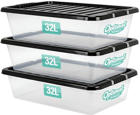 3 x 32L Underbed Plastic Storage Boxes with Lids Set of 3, Clear Multipurpose Nestable Stackable Storage Box 32L Clear Containers Boxes For Home, Kitchen, Office, Garage, Accessories Uses