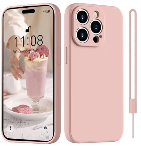 HGH for iPhone 14 Pro Case Silicone With Lanyard, Pink | [Camera All-Round Protection] [Soft Microfiber Lining Anti-Scratch] Full Covered Shockproof