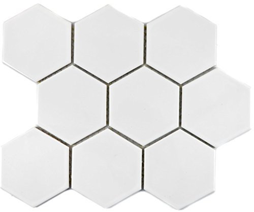 Mosaik Fliese Keramik Hexagon weiß glänzend für BODEN WAND BAD WC DUSCHE KÜCHE FLIESENSPIEGEL THEKENVERKLEIDUNG BADEWANNENVERKLEIDUNG Mosaikmatte Mosaikplatte