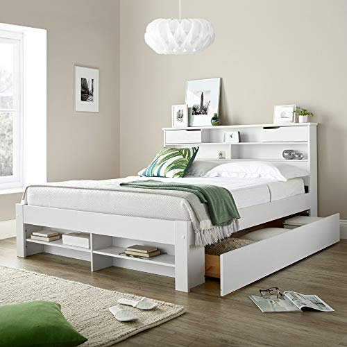 2 Drawer Storage Bed, Happy Beds Fabio White Wooden Storage Bed With Shelves - 5ft King Size (150 x 200 cm) Frame Only