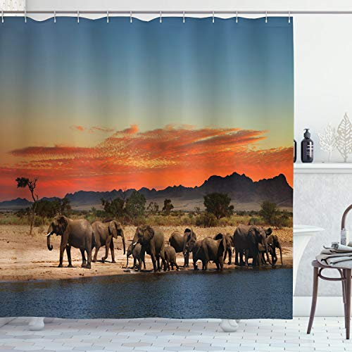 ABAKUHAUS Elefant Duschvorhang, Safari Wildlife, Stoffliches Gewebe Badezimmerdekorationsset mit Haken, 175 x 240 cm, Orange und Braun