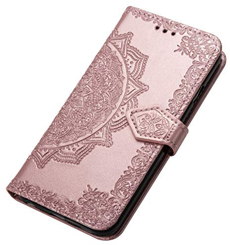 HAOYE Cover per Huawei Nova 5T Cover, Custodia Chiusura Magnetica Flip Case Stile, Pelle PU Mandala Sbalzato con Supporto di Stand/Carte Slot. Oro Rosa