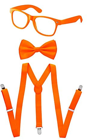 Dress Up America Kids Neon-Hosenträger, Fliege-Zubehörset - Beinhaltet Hosenträger, Fliege und Sonnenbrille. Erhältlich in Grün, Orange, Pink und Gelb (Orange, Kinder)