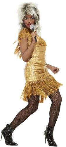 Smiffys Simply The Best - Legende Tina-Kostüm, Gold, Kleid mit Fransen