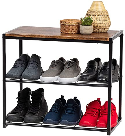 IRIS USA Schuhregal mit 3 Ebenen, bis zu 6 Paar, Schuhbank für Eingang, Eingang, Schlammbank, Schuh-Organizer für Schrank, Schuhregal, modernes Holz und Metall