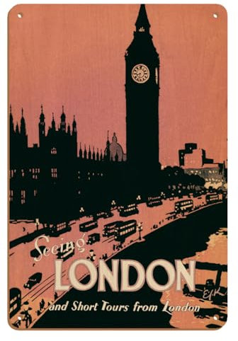 Seeing London - and Short Tours from London England - Big Ben Clock Tower - Vintage Travel Poster c.1932 - 20.3 x 30.5 cm Vintage Wood Art Sign