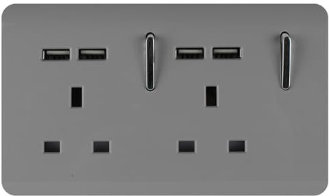 Trendi 2 Gang Artistic Modern Glossy Screwless Raised 13 Amp 240v Short 4 USB Type A Charging Points Double Chrome Switched Electrical Wall Plug Socket Light Grey - ART-SKT213USBLG