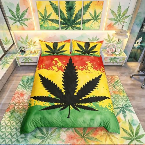 Homemissing Psychedelisches Marihuana-Bettwäsche-Set, Cannabisblätter, Gras, Bettbezug-Set, Rot, Gelb, Grün, Batikmuster, Bettdeckenbezug-Set, Trippy Hanfblatt, Tagesdeckenbezug mit 2 Kissenbezügen, 3