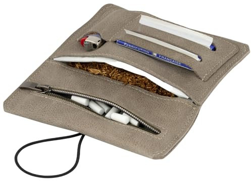 SIMARU Astuccio Porta Tabacco in Vera Pelle con Scomparti per Cartine, Filtri e Accendino - Lavorato a Mano, Pratico e Stiloso. (Grigio chiaro)