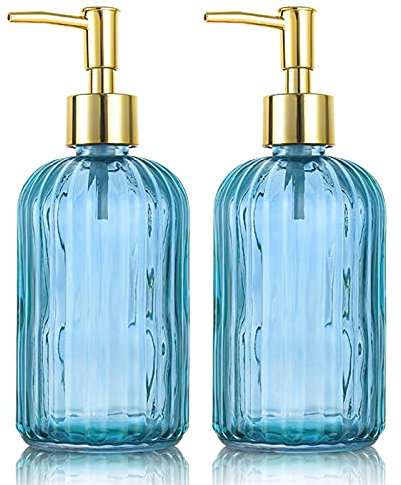 Versatile Glass Soap Dispenser Bottle with Pump, 14 Oz Dripless Pump Bottle, Refillable Liquid Hand Jar Dispenser for Bathroom, Countertop, Kitchen, Laundry Room(Blue, 2 Pack)