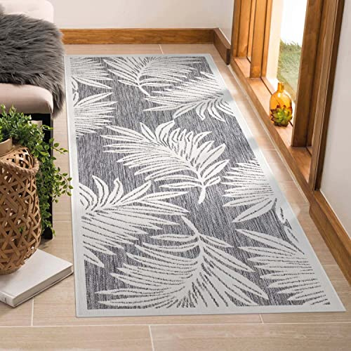 carpet city Teppich Outdoor Wetterfest - Grau - 80x250 cm Läufer - Palmen-Blätter - Balkon Teppich Wasserabweisend - In-& Outdoor Teppiche für Terrasse, Garten, Küche, Bad oder Wohnzimmer