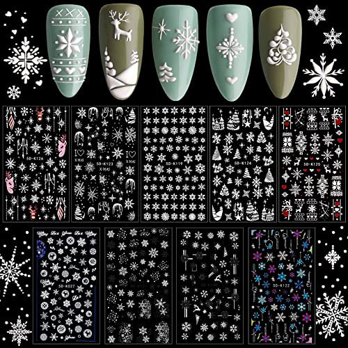 Kalolary 9 Sheets Nail Art Stickers, 5D Embossed Nail Stickers Self-Adhesive Christmas Snowflakes Elk Trees Design for Christmas Party