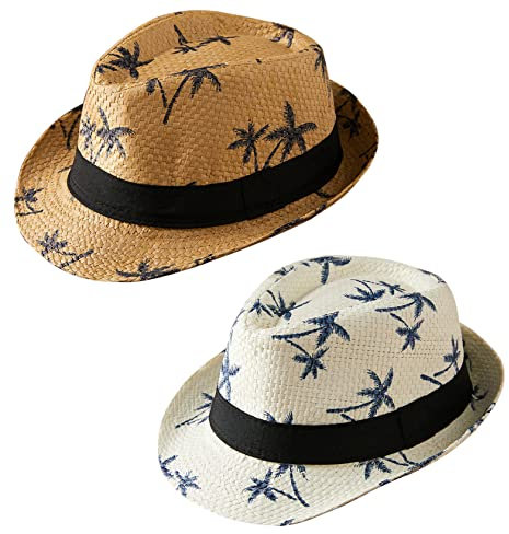 Adigau Enfant Chapeau de Paille Plage Eté Chapeau de Jazz Fille Garçon Panama Chapeau de Soleil Voyage Blanc Kaki 54 cm