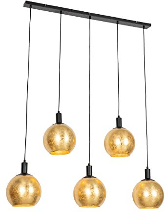 Qazqa - Design Design-Hängelampe I Pendellampe I Pendelleuchte schwarz mit Gold I Messingglas 5-flammig - Bert I Wohnzimmer I Schlafzimmer - Länglich - LED geeignet E27