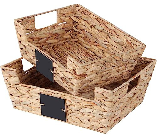 OUTBROS Panier de Rangement et Devant Ouvert en Jacinthe d'Eau Tressé, Lot de 2 Osier Naturel Caisse avec Poignées, Boite d’Osier, pour Cuisine, Salle de Bain, Bureau