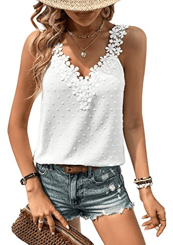 GORGLITTER Top Mit Spitze Damen Sommer Oberteile Locker Spitzentop Elegant Tank Top Mit Spitze Lässig Shirt Weiß S
