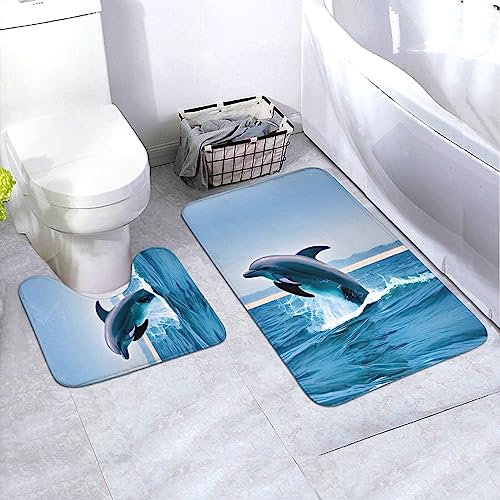 vacsAX Jumping Up Delfine Badezimmerteppich-Set, 2-teilig, Badematte, U-förmig, Konturen-WC-Vorleger, Ultra-Badezimmer, rutschfeste Polster, Bodenmatte