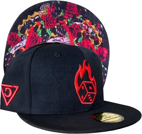 Capiche [99+ Designs] Schwarzer Snapback Hut, Dice, Kappe Snapback Herren, Cap Mit Muster, Snapback Cap S/M, Tattoo Stil, Pokerhut, Spielerhut, Würfel Baseballkappe, Rosendice und Schriftrollen Kunst