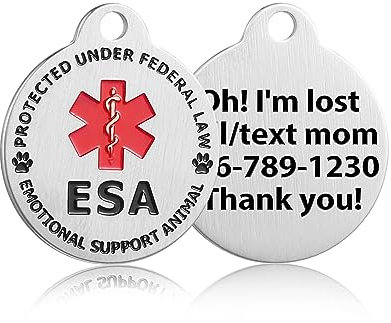 Placas de identificación personalizadas para animales de apoyo emocional (ESA) y perros y gatos de servicio (M (8-25kg), ESA)