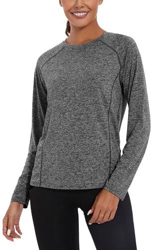 Women's Long Sleeve Gym Tops Ladies Workout Running Shirts Lightweight Yoga Activewear Quick Dry Crew Neck Sports T-Shirt Dark Gray