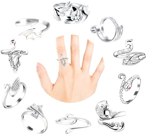 10 Pcs Adjustable Knitting Loop Crochet Ring Peacock-Shaped Snake-Shaped Open Ring Finger Crochet Ring Accessories for Crafts DIY(Silver)