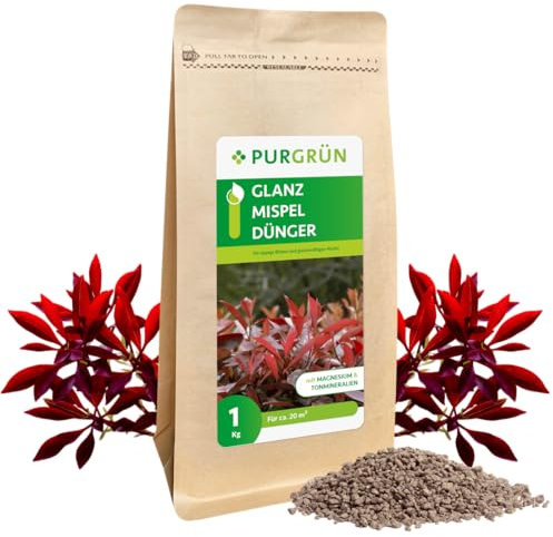 Purgrün® Glanzmispel-Dünger 1 kg – Organisch-mineralische Rezeptur – Feinkörniges Krümelgranulat – NPK 8,5+4+5,5 – Extra Magnesium für eine leuchtende Blattfärbung – Verbessert die Bodenqualität