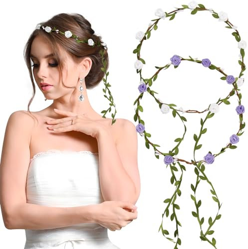 BETESSIN 2Pcs Blumenkranz Haare Blumenkrone Damen Mädchen Boho Blumen Haarband Braut Rosen Haarreif Stirnband mit Blättern Hochzeit Party Kommunion Geburtstag Kopfschmuck Weiß Lila