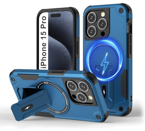 Tuvror Magnetic for iPhone 15 Pro Case with stand. [Compatible with MagSafe] Built-in Kickstand. Rugged Protection Heavy Duty Shockproof Case for iPhone 15 Pro (Blue)