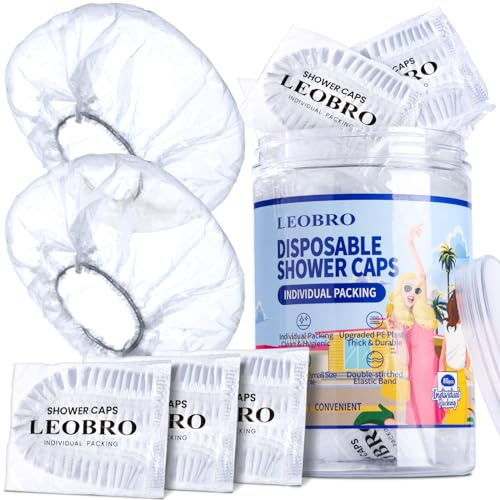 LEOBRO Cuffie da doccia, 80 cuffie da doccia usa e getta confezionate singolarmente, cuffie da doccia in plastica usa e getta, cuffie per capelli in plastica, cuffie trasparenti per viaggi,