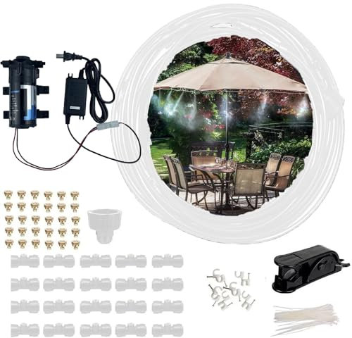 Sisteme di irrigazione da giardino con pompa, Nebulizzatore Giardino, Impianto Irrigazione Giardino, Set di raffreddamento a nebulizzazione, Tubo + uugelli nebulizzatori +sede dell'ugello + tappo term