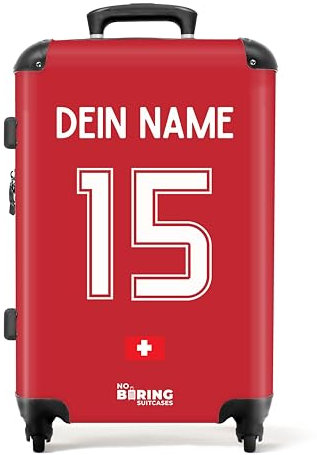 NoBoringSuitcases.com Reisekoffer Personalisiert, Koffer Groß, Hartschalenkoffer, TSA, Reisekoffer mit Rollen Groß, Rollkoffer, Koffer Mittelgroß (EM 2024 - Heimtrikot Schweiz - Rot, 67 cm - 72 L)