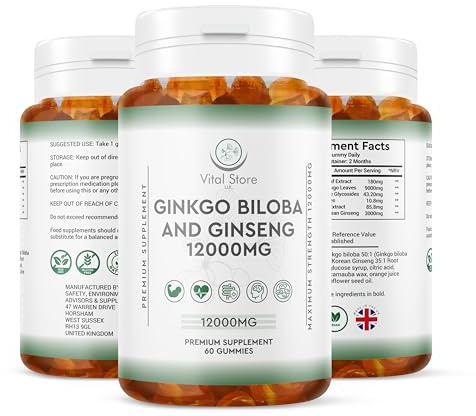 Premium Ginkgo Biloba & Ginseng 12000mg Gummies - 2 Month Supply - Orange Flavour - 9000MG Ginkgo + 3000MG Ginseng