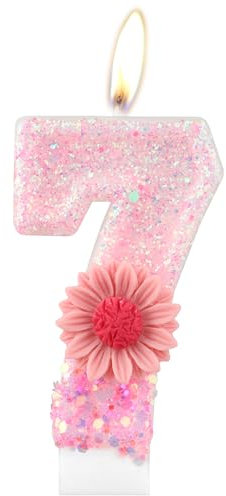 Rosa Gänseblümchen Geburtstagskerzen, rosa Geburtstag Nummer 7 Kerzen für Geburtstagskuchen, rosa Blume, 7th Geburtstagskerze, Glitzer-Blumenkerze für Mädchen, 7th Geburtstag Party-Dekorationen
