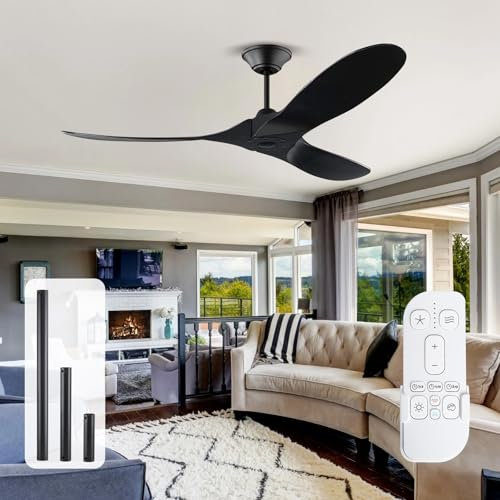 MSHENUED 132cm Moderner schwarzer Holz-Deckenventilator mit Fernbedienung, dreiflügeliger Deckenventilator für Terrasse, Veranda, leiser umschaltbarer DC-Motor
