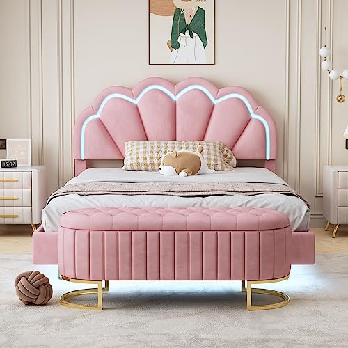Polsterbett 140x200 mit verstaubarer Sofabank, Schwebebett Bettgestell mit LED-Muschelförmiges Kopfteil und Lattenrost, Gepolsterter LED Bett Jugendbett Doppelbett Gästebett Schlafzimmer Möbel, Rosa