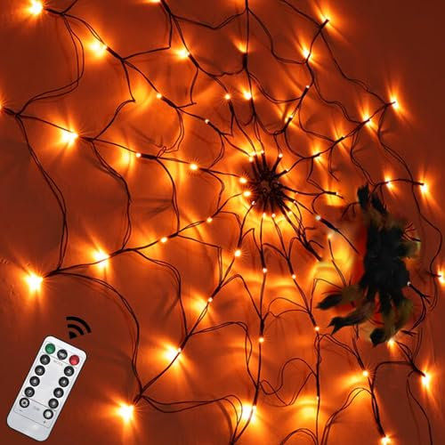 APODESS Spinnweben Halloween Spinnennetz Led Wasserdicht Riesen Spinne Halloween Deko Outdoor Gruselig Gartendeko Halloween Lichterkette mit Fernbedienung (8 Modi & Timer) für Garten Innen Außen