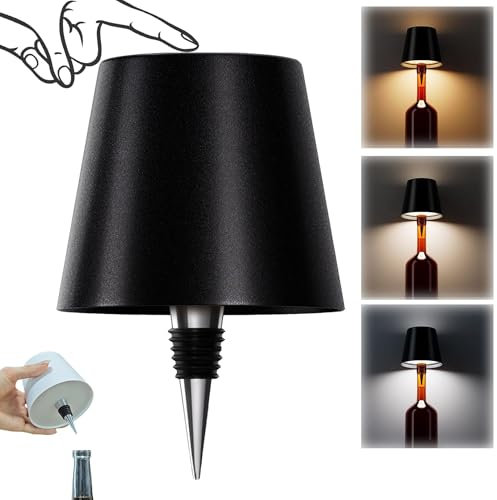 AIMARS Wireless Bottle Lamp, 3 Color Stepless Dimming Wine Bottle Lamp, LED Rechargeable Touch Control Wireless Bottle Lampshade for Bedroom, Restaurant, Bar (Black, 1-Pack)