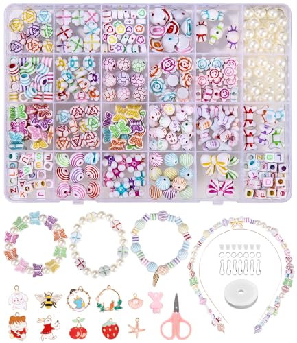 Kureny Geschenke für Mädchen,Perlen zum auffädeln Kinder Schmuck Schnurset,Basteln Mädchen 8 Jahre Armbänder Selber Machen, für Mädchen Kinder, 24 Farben