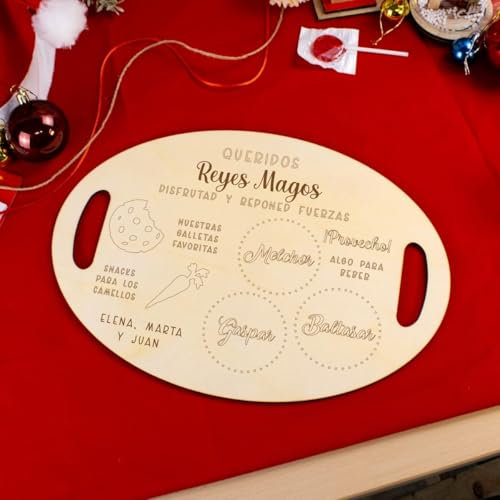 Bandeja de Navidad Personalizada de Madera Con Nombre - Reyes Magos y Papá Noel (Diseño 6, Ovalada)