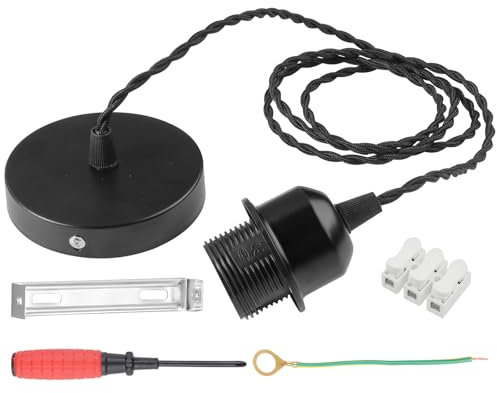 LbsAMP Lampada a Sospensione E27 con Cacciavite Portalampada E27 in Metallo 150cm Cavo Doppia Linea Lampada Cucina Soffitto a Sospensione per Plafoniera Lampada a Sospensione Soggiorno - Nero