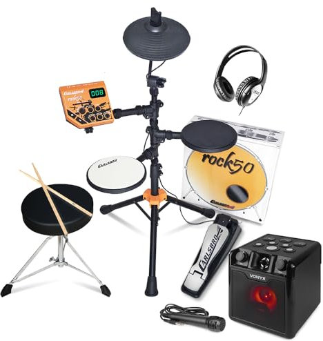 Carlsbro Rock50 Kids Electric Drum Set, Compact Childrens Electronic Kit with 108 Sounds, Play-Along, Record Playback, Portable Bluetooth Speaker, Vocal Mic & Monitor Included