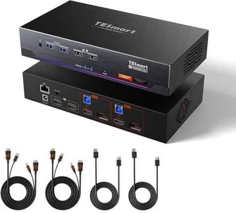 TESmart KVM Switch 4K@144Hz DisplayPort HDMI Dual Monitor USB 3.0, HDMI 2.1 DP 1.4, Conmutador KVM 2 Monitores 2 PC 8K@60Hz Gaming, EDID, Gigabit, VRR, Hotkey, con cables.