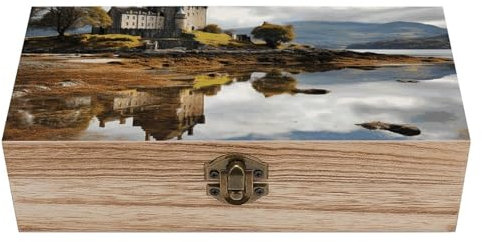 QMNBTES Schottland Castle Water Lake Schottische Aufbewahrungsbox aus Holz, Schmuckschatulle, Holzkiste mit Scharnierdeckel, kleine Holzbox, Erinnerungsbox aus Holz, Geschenkbox aus Holz