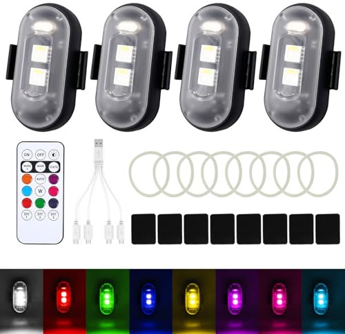 4 Stück Auto Fernbedienung Blitzlicht - LED-Blitzlichter, Strobe Drone Light mit Fernbedienung, Drone Night Light mit USB-Aufladung für Auto, Drohne, LKW, Motorrad, Fahrrad, 8 Farben + 10 Modi