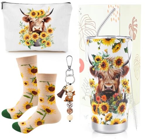 Eiapadeor Highland Cow Gifts for Women - 4Pcs Sunflower Highland Cow Gift Set, 20oz Travel Mug with Lid Straw, Cattle Makeup Bag Keyring Socks for Scottish Cattle Lovers Birthday Christmas Gifts