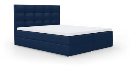 FurniDe24 Boxspringbett mit Taschenfederkernmatratze H3, Doppelbett mit gestepptem Kopfteil und 2 Bettkästen, Topper-Matratze 3cm, verstärkter Rahmen, dunkelblau Plüsch, 180x200cm - Piko