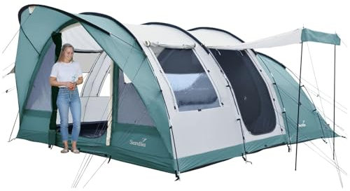 Skandika Tunnelzelt Egersund 5 XL Sleeper Protect | Camping Zelt für 5 Personen, eingenähter Zeltboden, dunkle Schlafkabine, 2 m Stehhöhe, wasserdicht, 5000 mm Wassersäule | Campingzelt (XL | Grün)